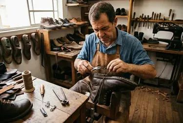 Sapateiro trabalhando no conserto de um zíper de bota em Ourinhos.