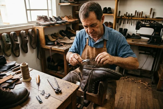 Sapateiro trabalhando no conserto de um zíper de bota em Ourinhos.