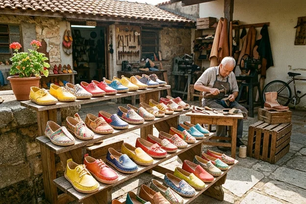 Variedade de sapatos de verão sobre uma mesa ao sol em Ourinhos, prontos para uso.