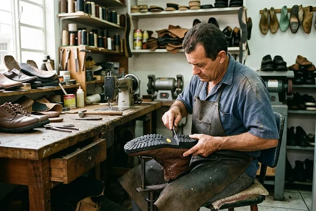 Sapateiro realizando a troca de solado em um sapato em Ourinhos.